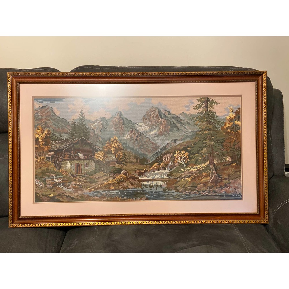 Vtg Wilderness Needlepoint Farm Lake Waterfall Mountain Trees Completed & Framed